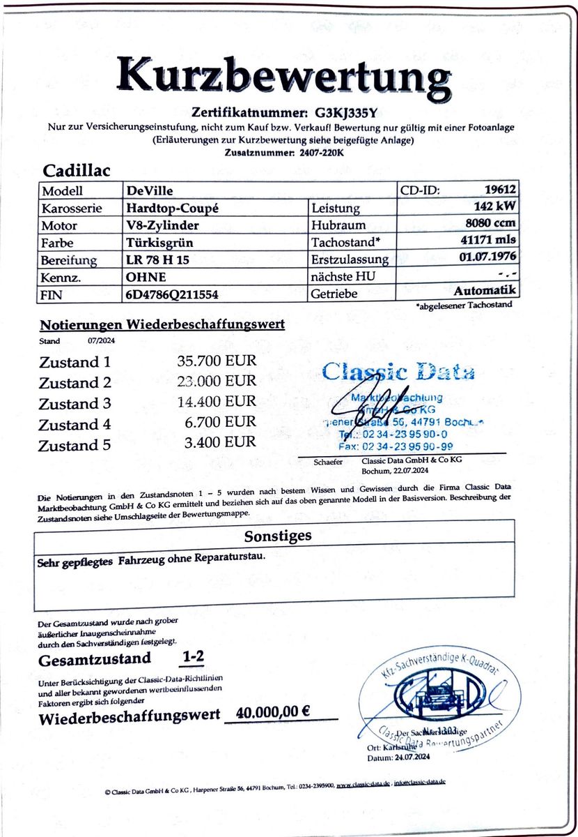 Cadillac Deville Coupe Deville 66.300 km, 3 Jahre Garantie