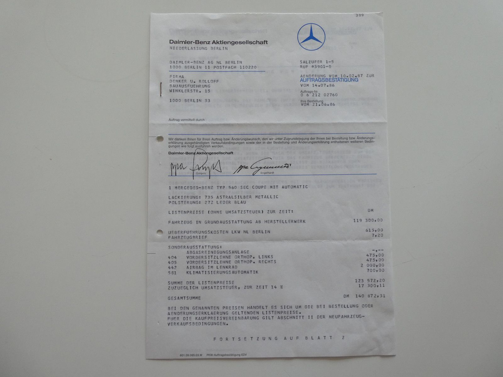 Mercedes-Benz 560 560 SEC (W126), 1. Hand, deutsche Auslieferung