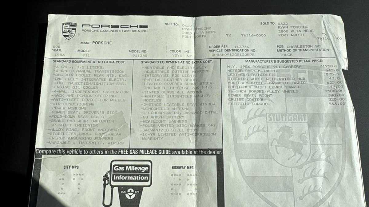 Porsche 911 Urmodell 911 Carrera 3,2, Neuwagenrechnung,voll dokument.